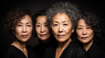Fototapeta premium Four women with curly hair pose together in a dark setting for a group portrait during a creative photo session