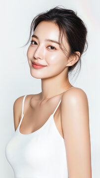 Korean woman model smiling in white camisole top halftone art collage cut outs set for beauty product advertisement vintage aesthetic look