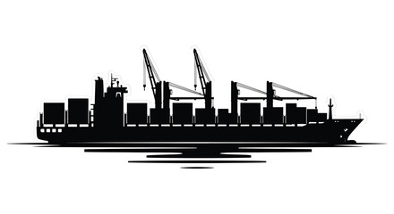 Obraz premium A striking black silhouette of a large cargo ship with prominent cranes and stacked containers on the water silhouette high quality