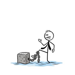Stick figure breaking free from a heavy chain and concrete block.