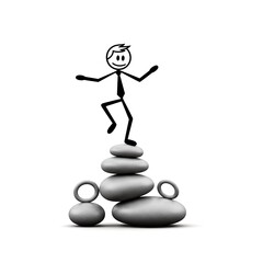 Stick figure balancing on stacked stones.