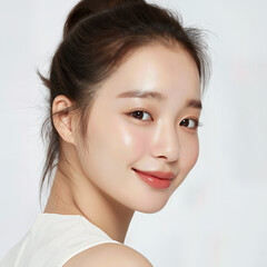 Naklejka premium Korean model's portrait, halftone art, cutouts set, vintage beauty aesthetic, clean skin makeup, serene pose, on white background, studio shot