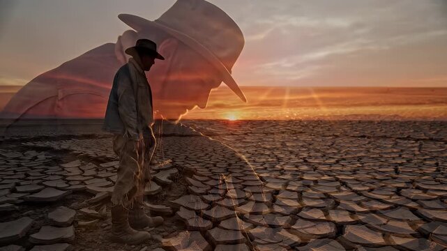 Desolate Man in Cracked Desert Landscape - A weathered man wearing a hat and tattered clothing is crouched in a parched, cracked desert landscape, head bowed in despair.