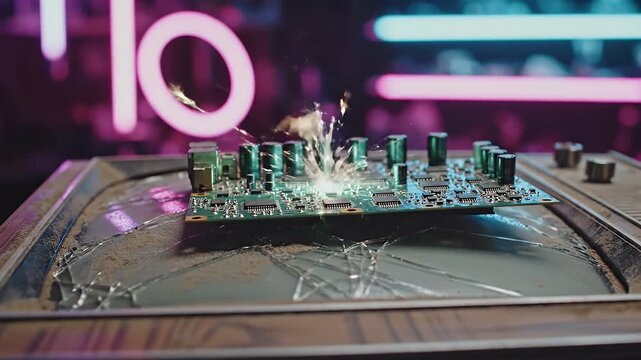 Exploding Circuit Board on Broken TV Screen - An electronic circuit board rests on a broken television screen, surrounded by debris and dust. Sparks erupt from the board against a neon-lit background.