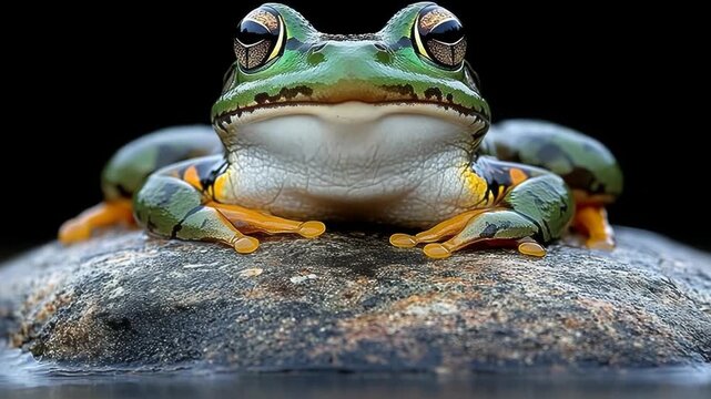 Close-up of a green frog with big eyes on a rock, set against a black background