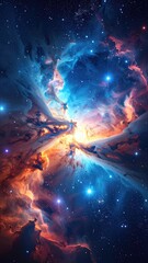 Obraz premium A vibrant, swirling nebula illuminated by brilliant stars against the deep void of space.
