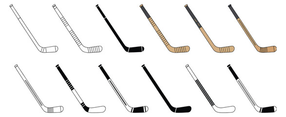 Naklejka premium Hockey stick, clipart illustration with outline, silhouette, and color versions, ice hockey equipment