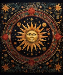 Fototapeta premium Sun perfect medallion totally isolated on black, stone dragon inside celestial botanical stone tapestry featuring moons, suns, constellations and lush flowers intertwined