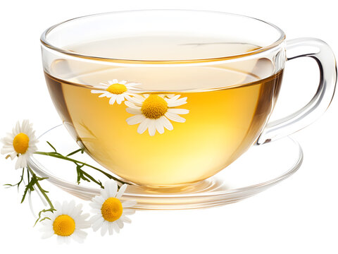 Transparent glass cup of chamomile tea with flowers isolated. Minimal wellness concept for relaxation, mindfulness, healthy lifestyle and natural therapy.