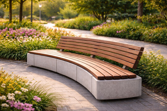 Curved park bench with wooden slats and concrete base sits empty on a sunny day in a blooming green urban garden.