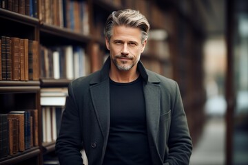Fototapeta premium Confident man standing in a library, looking directly at the camera with a calm expression