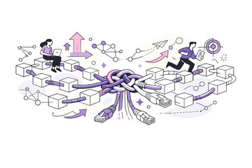 Obraz premium Image Generation. Network cables forming blockchain patterns. Central cable knot radiating into multiple block