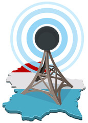 3D illustration of a wireless communication tower and signal broadcast on a map of Luxembourg with the national tricolor flag, representing technology and digital infrastructure (cut out)
