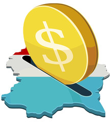 3D illustration of a golden US Dollar coin being inserted into a map of Luxembourg with national tricolor flag colors, representing international investment, banking, and financial services (cut out)