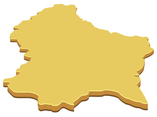 3D map of Luxembourg in golden yellow color, representing European territory, geography, and borders of the Grand Duchy (cut out)