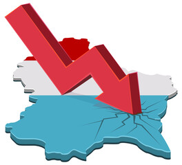 Financial crash, inflation, and recession concept with a red 3D falling arrow breaking through a map of Luxembourg with the national tricolor flag colors (cut out)