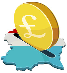 3D illustration of a golden Pound coin being inserted into a map of Luxembourg with national tricolor flag colors, representing international investment, banking, and financial services (cut out)