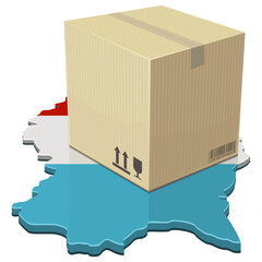 3D illustration of a large cardboard shipping parcel on a map of Luxembourg with the national tricolor flag colors, representing e-commerce, export, and European postal services (cut out)