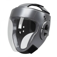 Fototapeta premium Sleek Silver Metallic Boxing Helmet with Full Face Shield and Top Ventilation for Professional Sparring and Combat Training, Isolated 3D Illustration