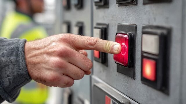 Technician testing emergency shutdown button on a wind turbine system. Slow motion.