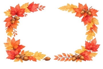 Obraz premium Autumn watercolor border with fall maple and oak leaves, acorns, creating a seasonal frame with transparent background