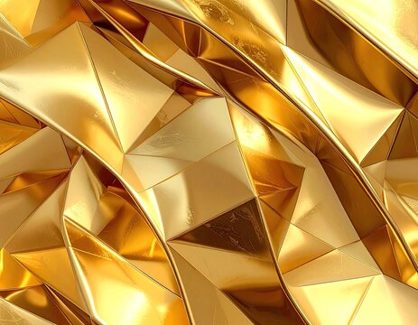 Abstract geometric texture of intensely bright, polished golden metal.