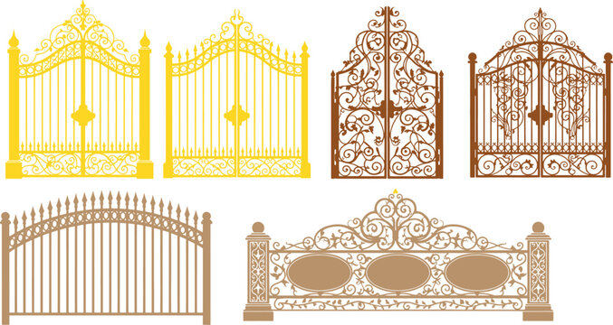 Collection of ornate wrought iron gates in yellow and brown metal fence