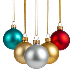 Five colorful, spherical ornaments with gold caps, hanging on golden strings against black