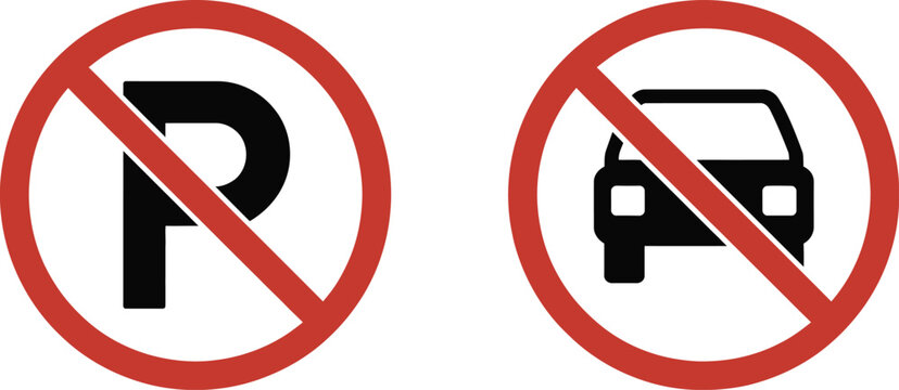 No parking and no car prohibition icons, flat vector illustration, traffic restriction symbols, road regulation, transportation safety, urban traffic management, professional vector design.