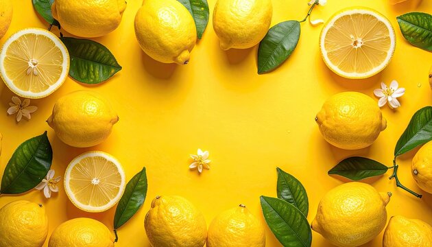 Vibrant overhead flat lay composition featuring whole and sliced lemons with dark green leaves and small white blossoms on a bright yellow background.