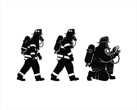 Firefighter with oxygen tank Vector Silhouette illustration design,  firefighter with oxygen tank silhouette, firefighter breathing apparatus vector, fireman SCBA silhouette, firefighter air tank 