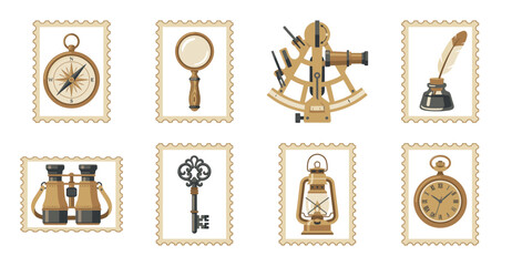 Vintage Nautical Exploration Postage Stamp Collection for Antique Travel and Maritime Adventure Design