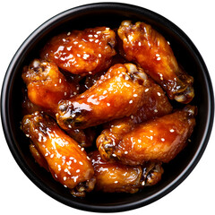Spicy glazed chicken wings in bowl isolated on transparent background. Bar food concept for menu design and restaurant branding.