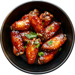 Spicy glazed chicken wings in bowl isolated on transparent background. Bar food concept for menu design and restaurant branding.