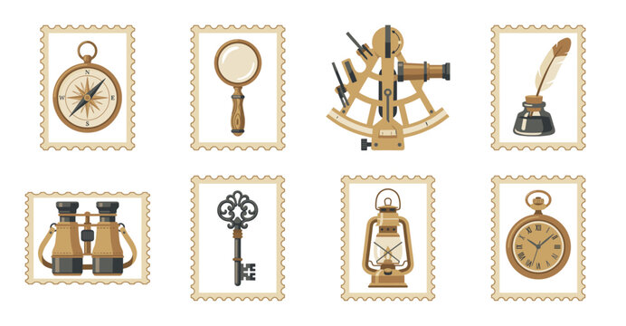 Vintage Nautical Exploration Postage Stamp Collection for Antique Travel and Maritime Adventure Design