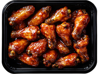 Spicy glazed chicken wings top view isolated. Fried poultry dish for fast food menu and restaurant branding visuals.