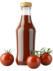 Tomato juice bottle isolated with tomatoes. Vegetable beverage packaging for product branding and design.