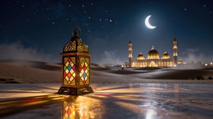 Fototapeta premium Ramadan lantern glowing in desert night with mosque and crescent moon, serene Islamic landscape scene, spiritual atmosphere symbolizing faith, prayer, devotion and holy month reflection 
