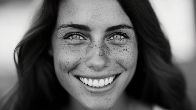 Beautiful woman smiling at the camera with freckles on her face and nose.
