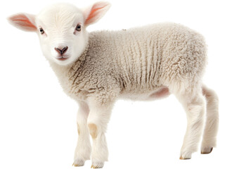 Cute young lamb standing isolated on transparent background. Farm animal concept symbolizing innocence, nature, rural life and agriculture.