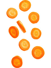 Dynamic flying carrot slices isolated. Creative food composition symbolizing freshness, healthy eating, nutrition and modern food design.