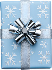 Blue gift box with silver ribbon and snowflake pattern isolated. Festive holiday present concept for winter celebrations and Christmas design.