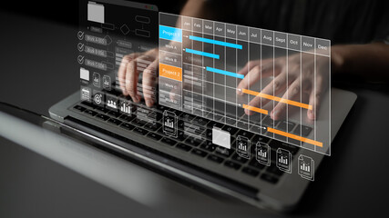 Project tracking system with Gantt chart and workflow elements for business scheduling and task...