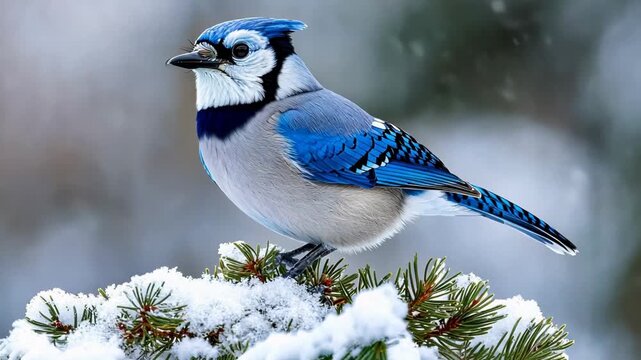 Blue jay perched on snowy branch