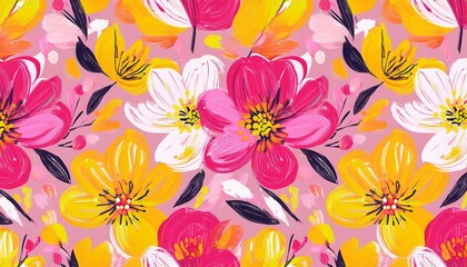 Obraz premium seamless pattern of abstract painting pink and yellow flowers original hand drawn impressionism style color texture brush strokes of paint art background modern art contemporary art