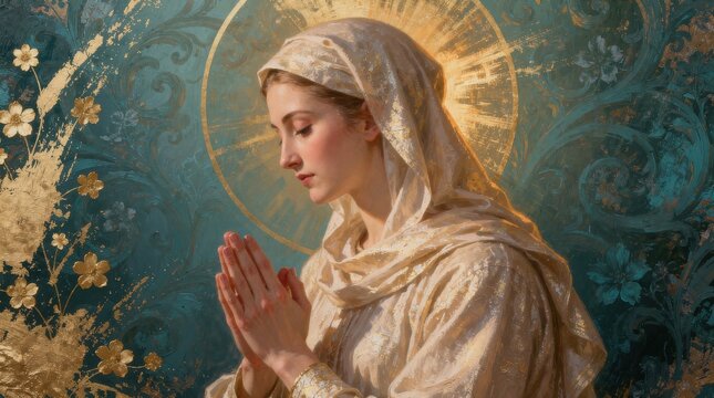 Virgin Mary praying with hands clasped in sacred setting, serene religious artwork symbolizing Christian faith, devotion, holiness, spiritual reflection, and divine grace
