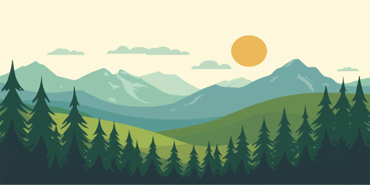 A bright cartoon landscape with mountains, green forests, grassy hills, pine trees, blue sky, clouds, and sunshine