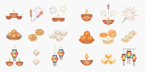 Diwali festival elements set with traditional lamps, sweets, and fireworks for celebration.