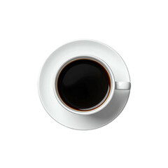 Overhead view of a white coffee cup filled with dark, steaming coffee on a saucer