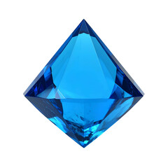 A clear, blue, diamond-shaped gemstone with multiple facets, set against a black backdrop